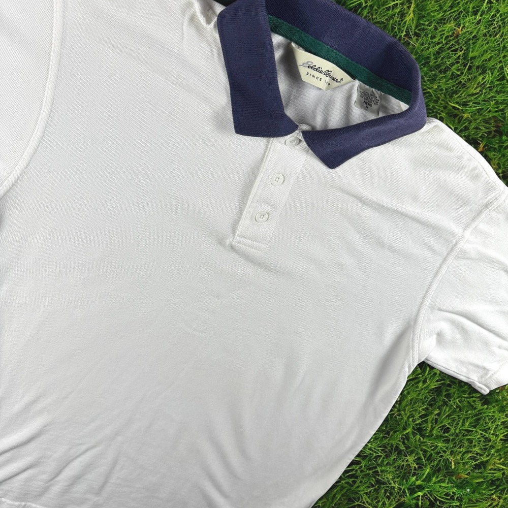Vintage‎ Eddie Bauer Polo Shirt Men M White Navy Green Contrast Collar Cotton SS